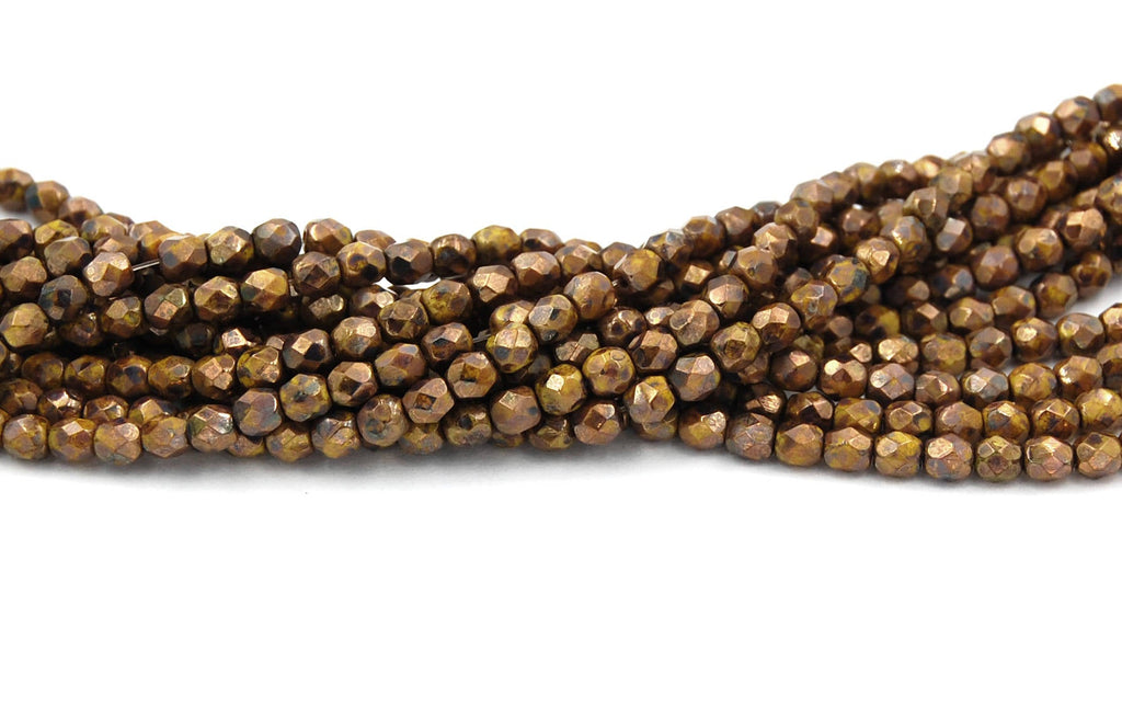 Opaque Yellow Bronze Picasso Czech Glass Bead 4mm Round - 50 Pc