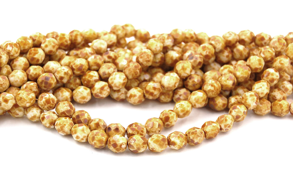 8mm White Picasso Opaque Czech Glass Faceted Bead  -25 czech beads