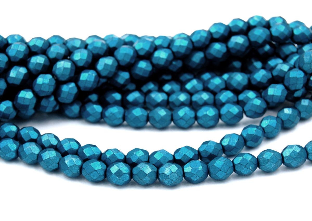8mm Saturated Metallic Shaded Spruce Czech Glass Faceted Bead  -25 czech beads