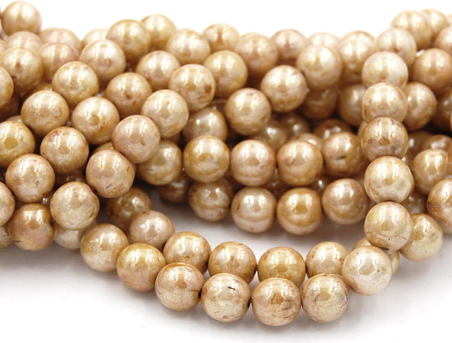 8mm Czech Glass Round Opaque Luster Picasso  -25 Hover Image