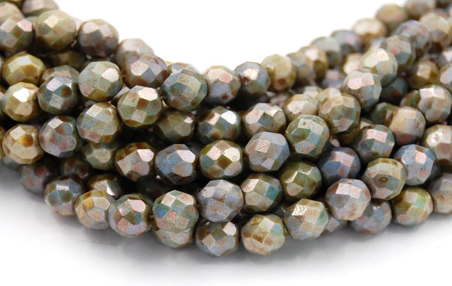 8mm Opaque Green Luster Czech Glass Faceted Bead  -25 czech beads Hover Image