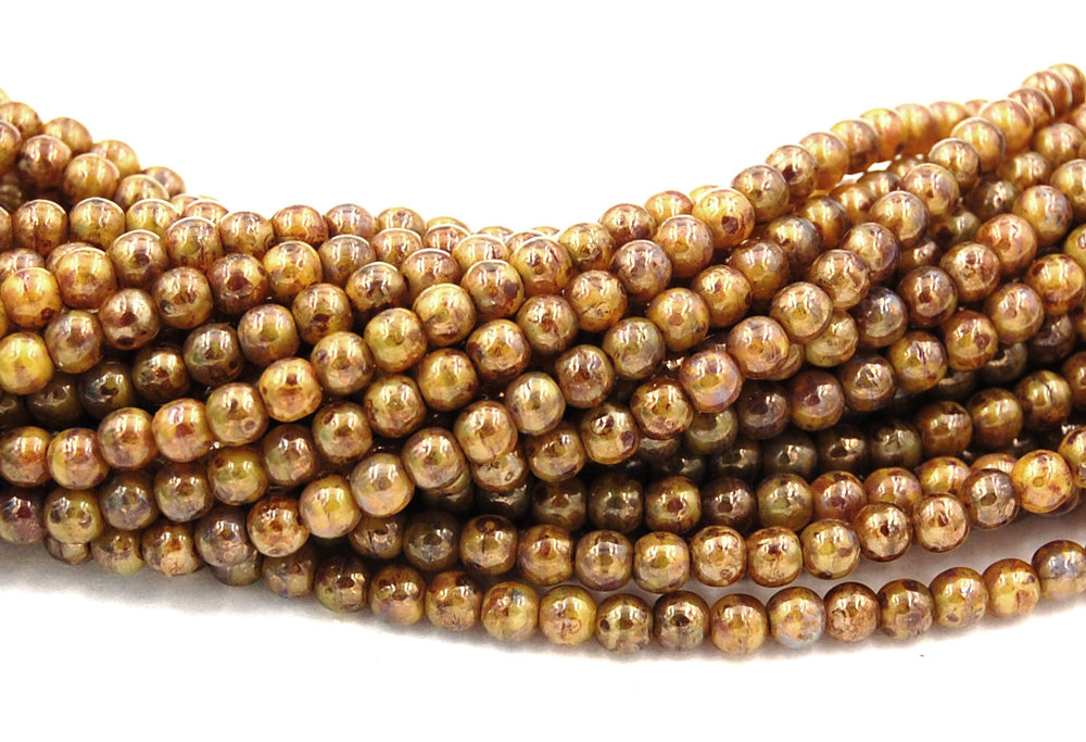 Sunflower Yellow Picasso 4mm round druk beads   - 100 Czech Beads