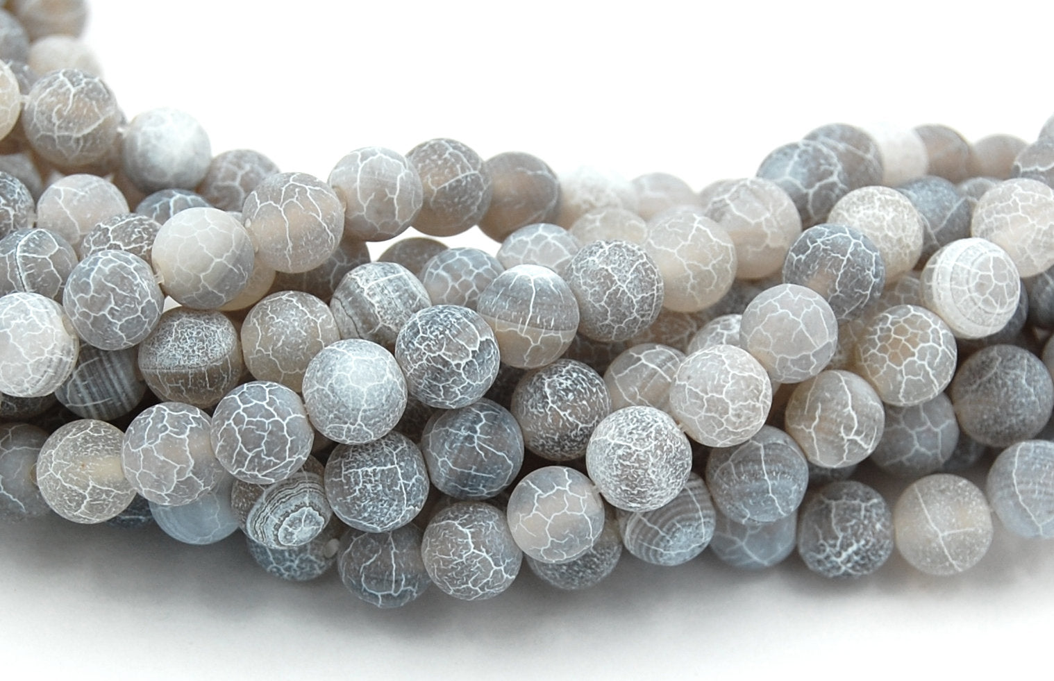 8mm Cement Gray Frosted Matte Cracked Agate -15 inch strand