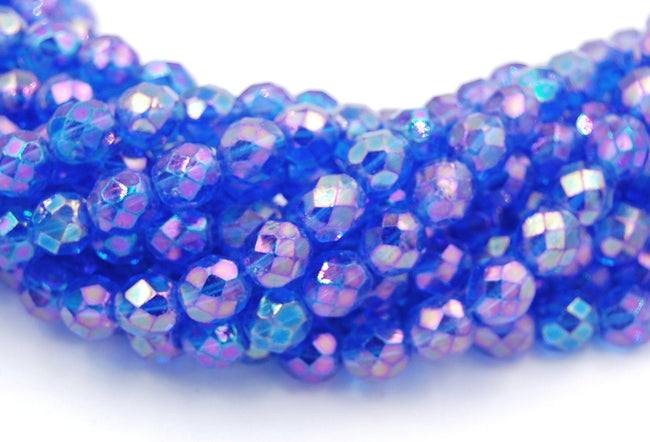 8mm Luster Iris Sapphire Czech Glass Faceted Bead  -25 czech beads Main Image