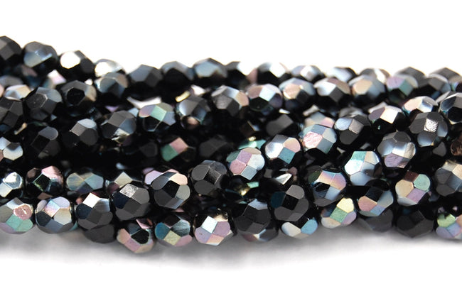 Jet Celsian Czech Glass Faceted 4mm Beads -50 Hover Image