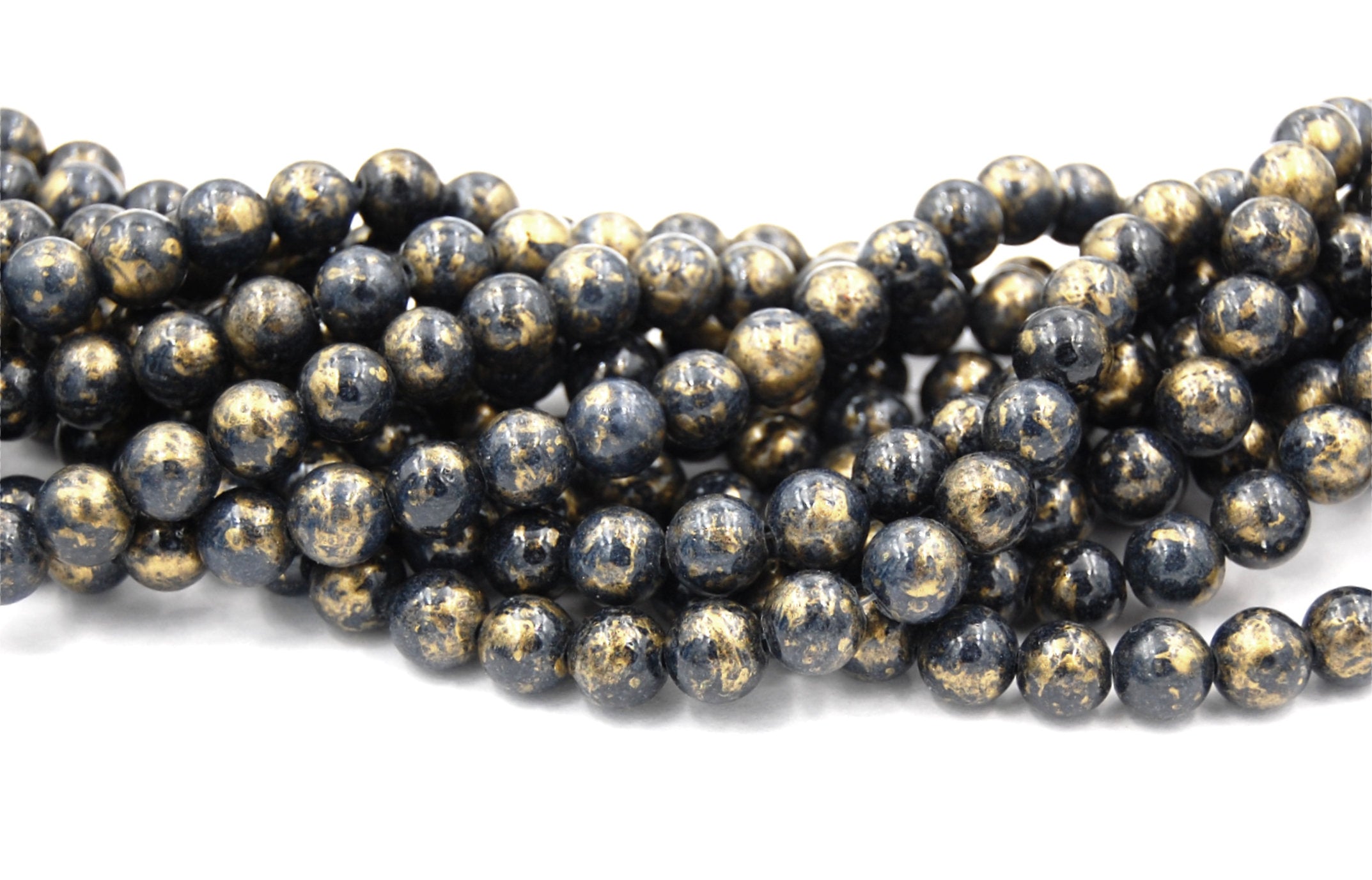 8mm Dark Storm Blue Gold Dust Jade Beads Opaque Smooth - 16 inch strand