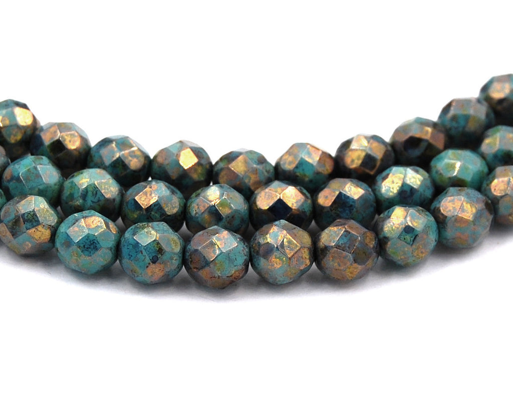 Turquoise Bronze Picasso Czech Glass Bead 8mm Faceted Round - 25 Pc