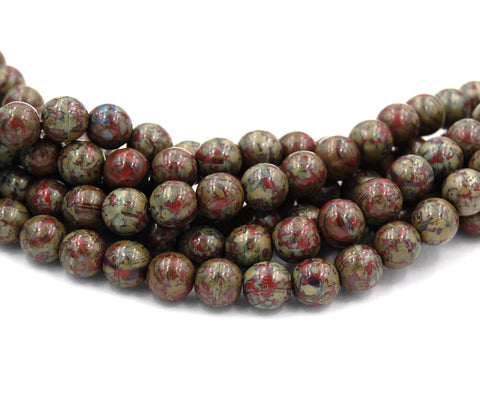 8mm Czech Glass Round Opaque Red Picasso Pressed Glass Druk Beads  -25