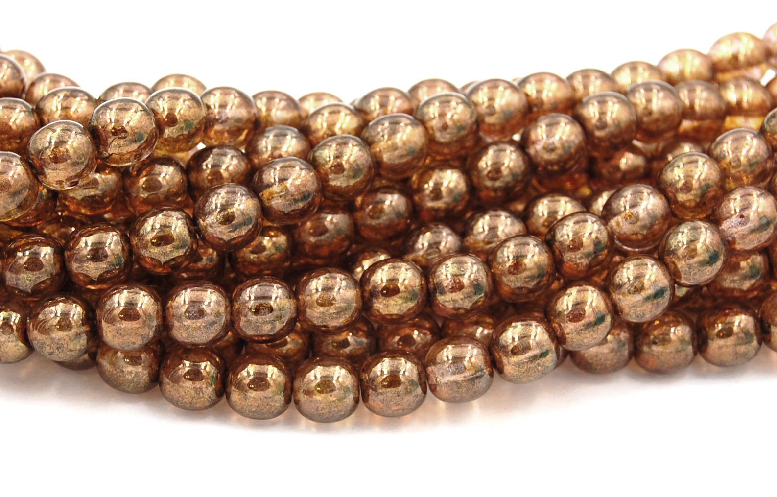 8mm Czech Glass Round Gold Smokey Topaz Luster Beads  -25