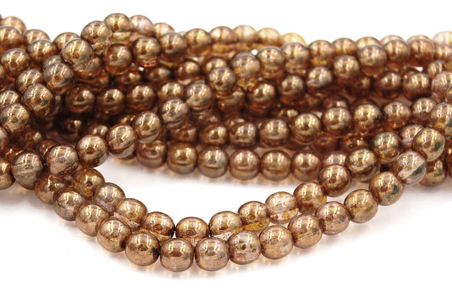 8mm Czech Glass Round Gold Smokey Topaz Luster Beads  -25 Hover Image