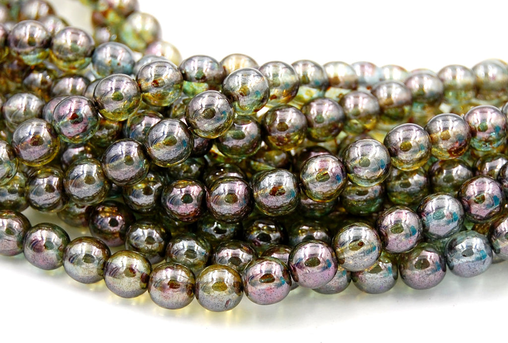 8mm Czech Glass Round Olive Green Luster  -25