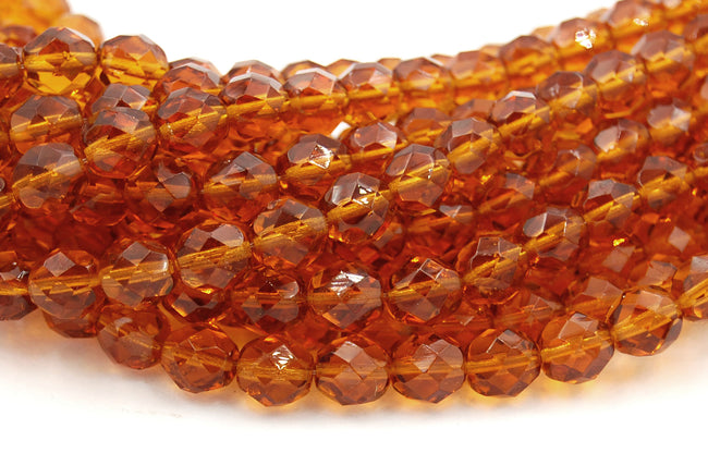 8mm Transparent Dark Topaz Czech Glass Faceted Bead  -25 czech beads Main Image