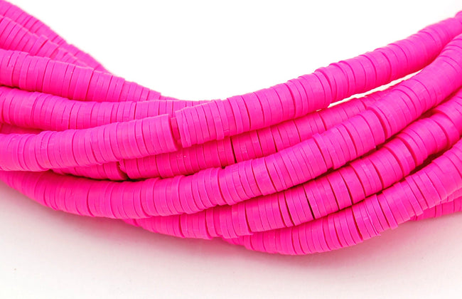 Flat Round Handmade Polymer Clay Bead Spacers, Bright Pink, 6x1mm Main Image