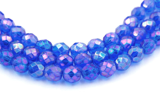 8mm Luster Iris Sapphire Czech Glass Faceted Bead  -25 czech beads Hover Image