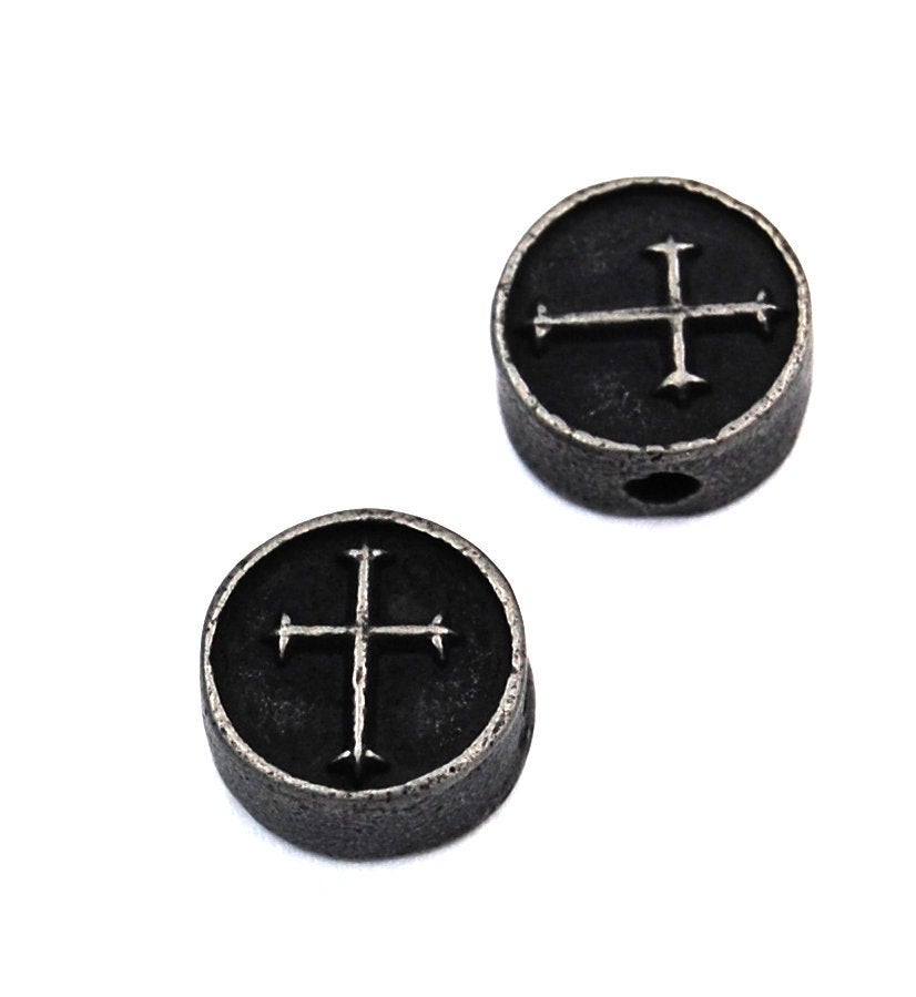 304 Stainless Steel Flat Round with Cross, Antique Silver 11mm -1pc