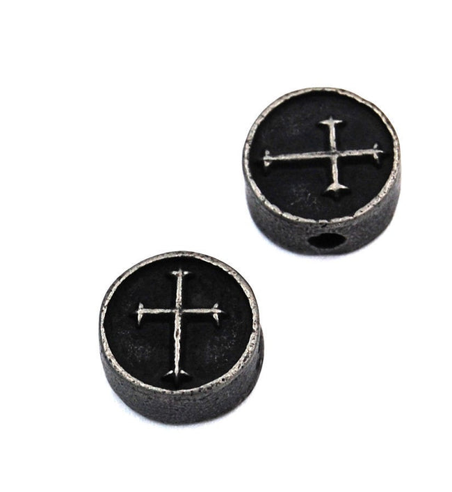 304 Stainless Steel Flat Round with Cross, Antique Silver 11mm -1pc Hover Image