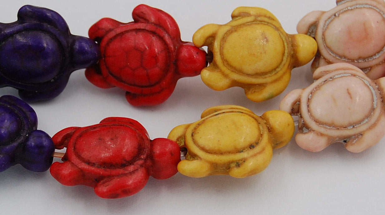 Howlite dyed carved Turtle Beads, 14x19mm double-sided mixed color -15 inch strand