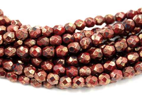 Bronze Luster - Opaque Red Czech Glass Faceted 6mm Beads -25
