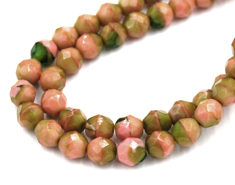 8mm Pink Coral Olivine Czech Glass Faceted Bead  -25 czech beads