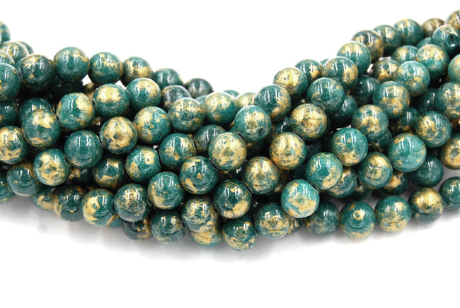 Antique Emerald Green Gold Dust Jade 4mm, 6mm, 8mm, 10mm, 12mm Round Beads -15 inch strand Hover Image