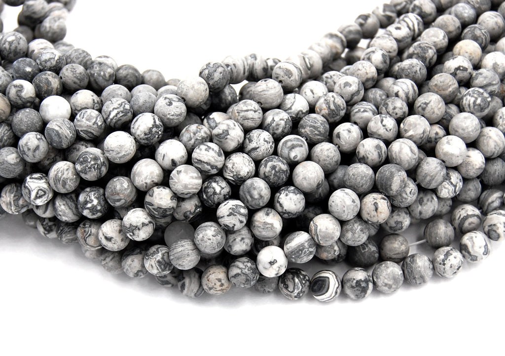 Matte Gray Picture Jasper 4mm, 6mm, 8mm, 10mm, 12mm Round Beads -15.5 inch strand