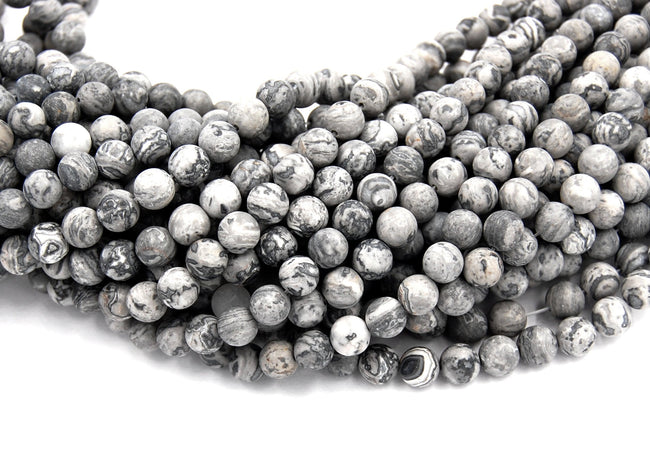 Matte Gray Picture Jasper 4mm, 6mm, 8mm, 10mm, 12mm Round Beads -15.5 inch strand Main Image