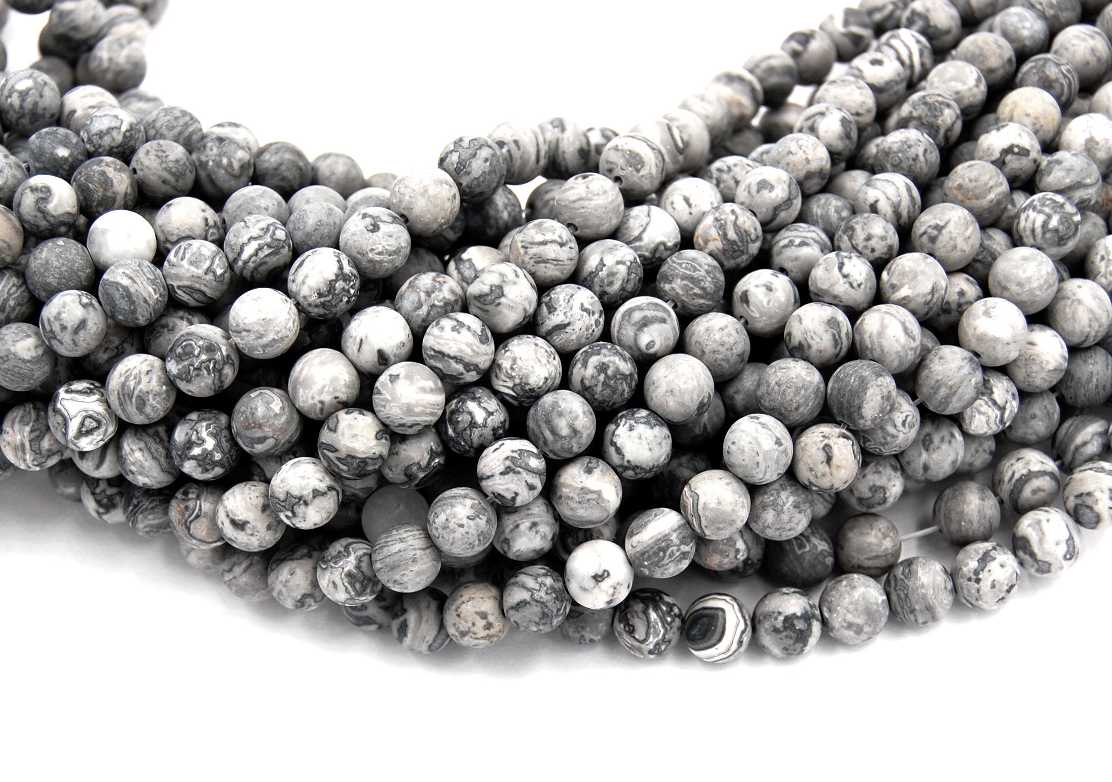 Matte Gray Picture Jasper 4mm, 6mm, 8mm, 10mm, 12mm Round Beads -15.5 inch strand