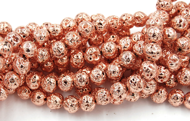 Rose Gold Electroplated Lava Rock Round 6mm, 8mm, 10mm Natural Lava Stone Beads -full strand Main Image