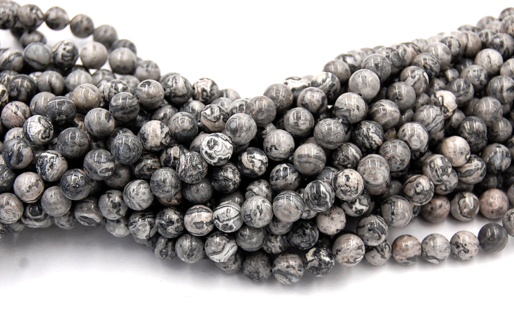 Gray Picasso Jasper 4mm, 6mm, 8mm, 10mm, 12mm Round Beads -15.25 inch strand