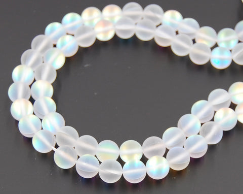 Synthetic Glass Moonstone Iridescent Beads Strands, Rainbow White Moonstone Round, 6mm -14.5 inch strand