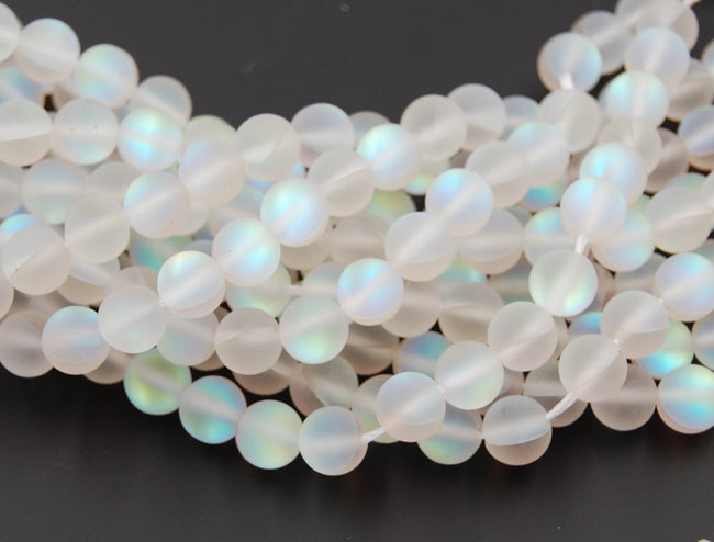 Synthetic Glass Moonstone Iridescent Beads Strands, Rainbow  Moonstone Round, 8mm -15 inch strand Hover Image