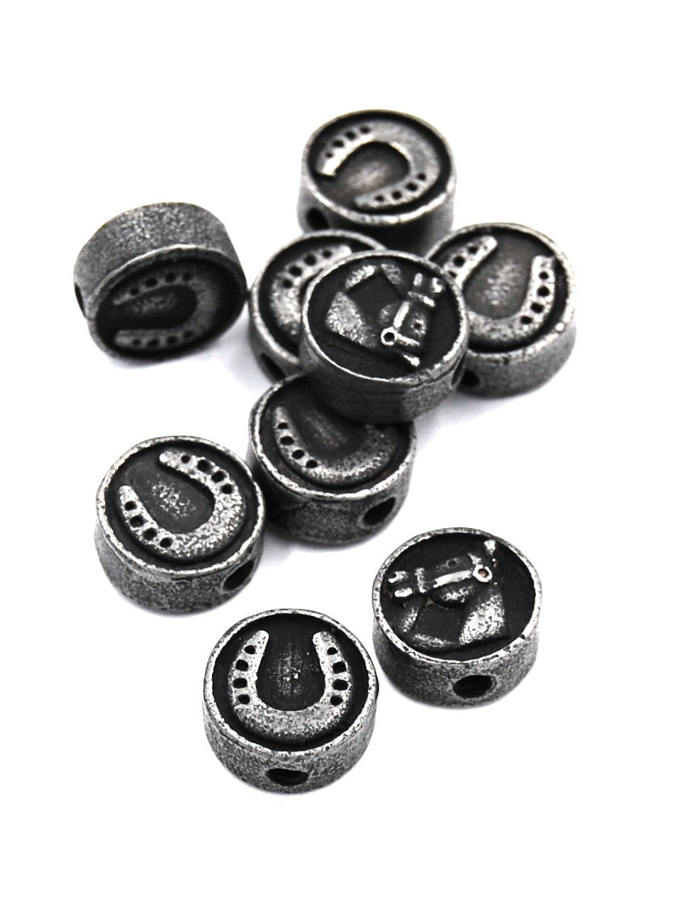 304 Stainless Steel Flat Round with Horse Head and Horse Shoe, Antique Silver 10mm -1pc