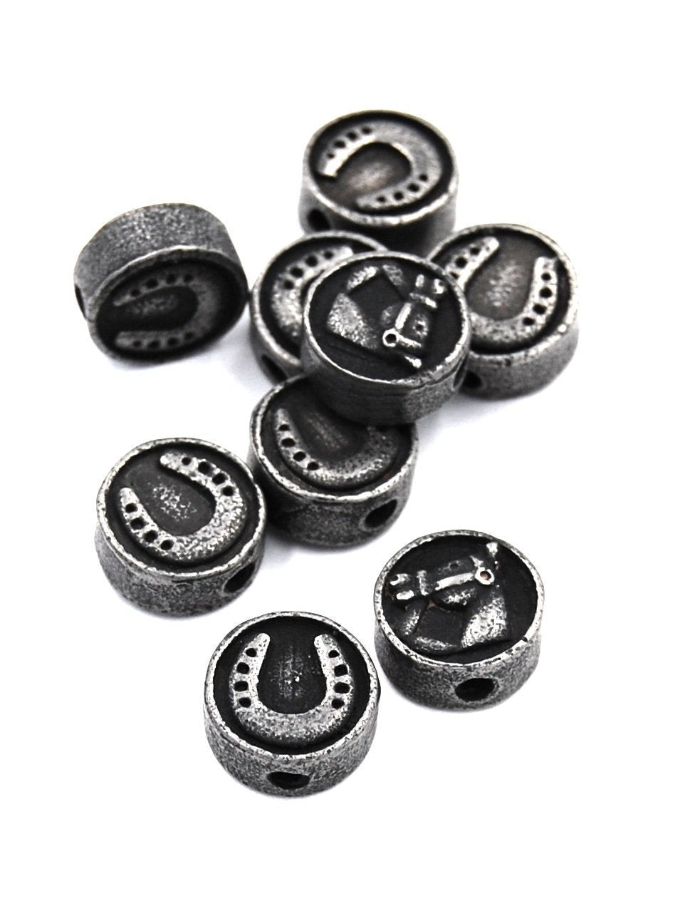 304 Stainless Steel Flat Round with Horse Head and Horse Shoe, Antique Silver 10mm -1pc