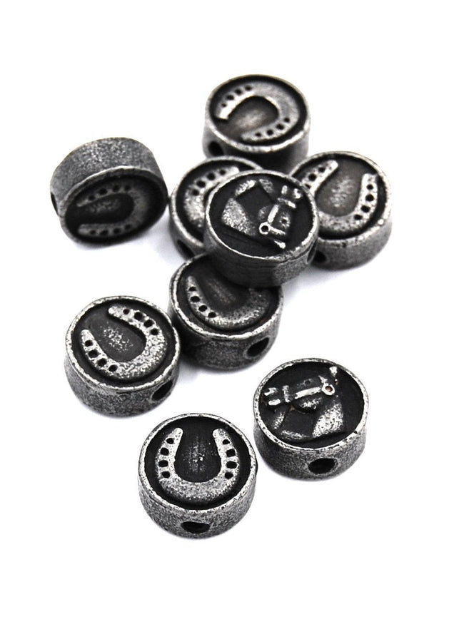 304 Stainless Steel Flat Round with Horse Head and Horse Shoe, Antique Silver 10mm -1pc Hover Image