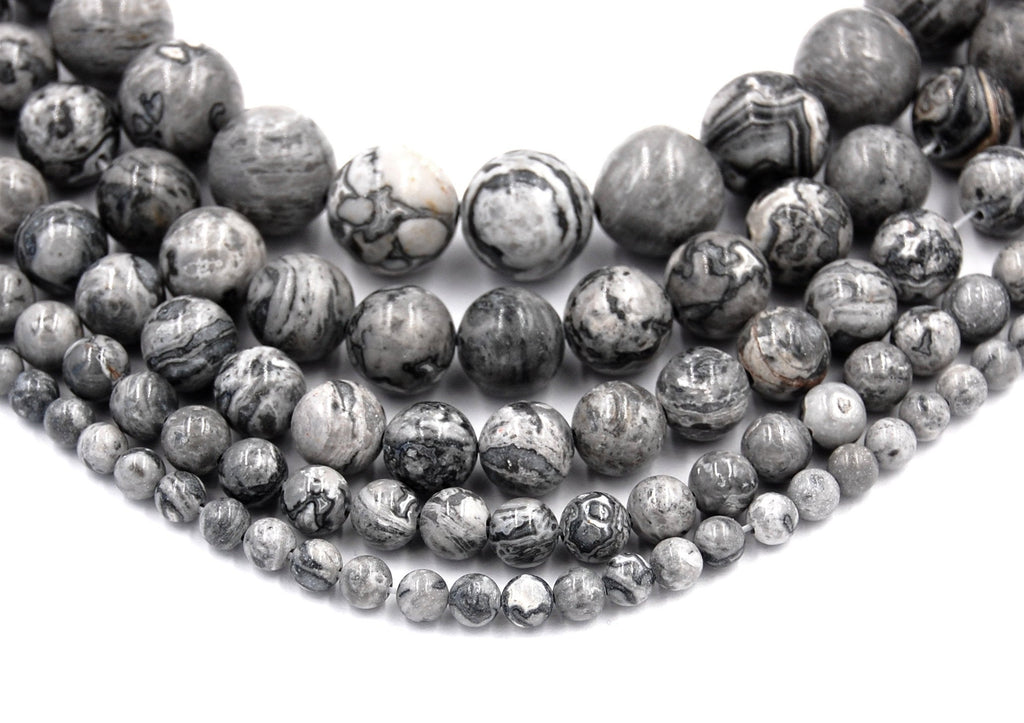 Gray Picasso Jasper 4mm, 6mm, 8mm, 10mm, 12mm Round Beads -15.25 inch strand