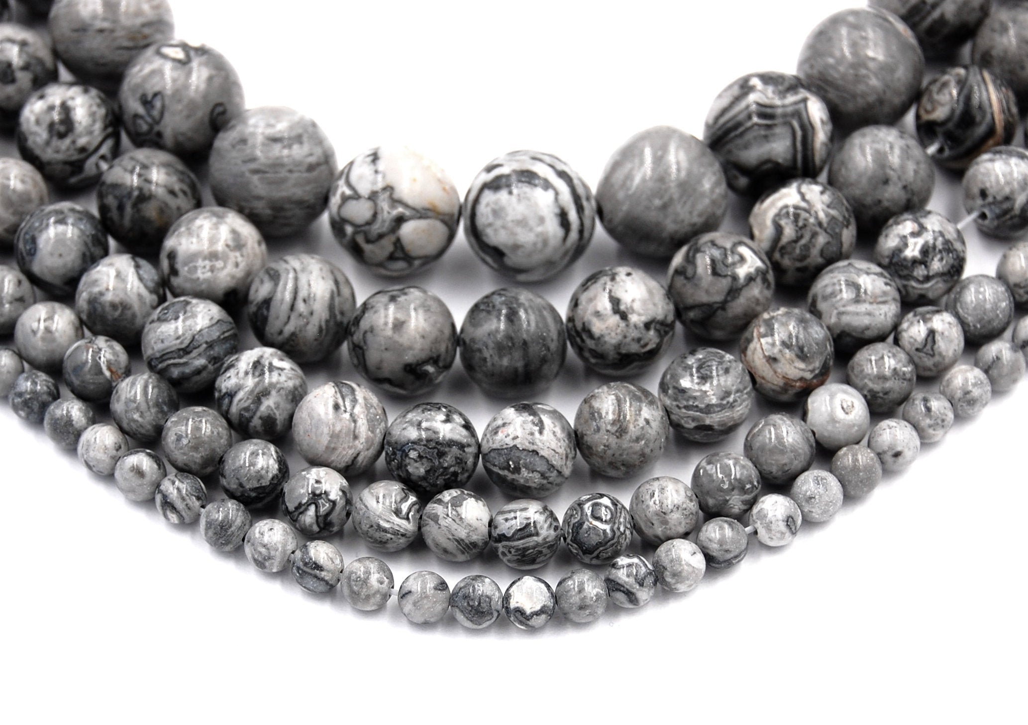 Gray Picasso Jasper 4mm, 6mm, 8mm, 10mm, 12mm Round Beads -15.25 inch strand