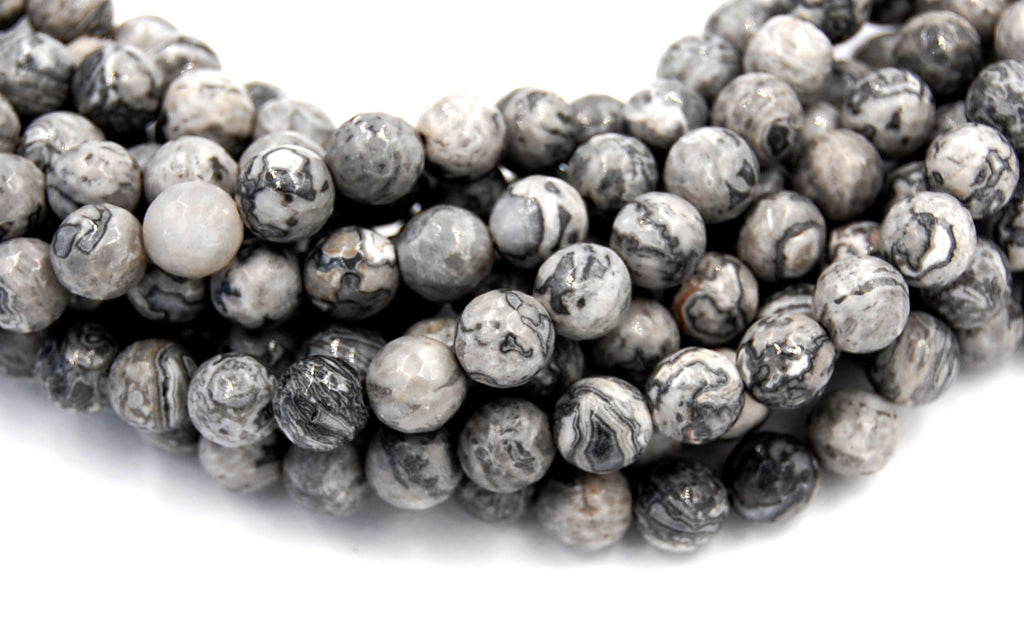 FACETED Picasso Stone, Gray 8mm round -15 inch strand