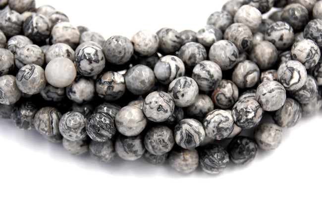 FACETED Picasso Stone, Gray 8mm round -15 inch strand Hover Image