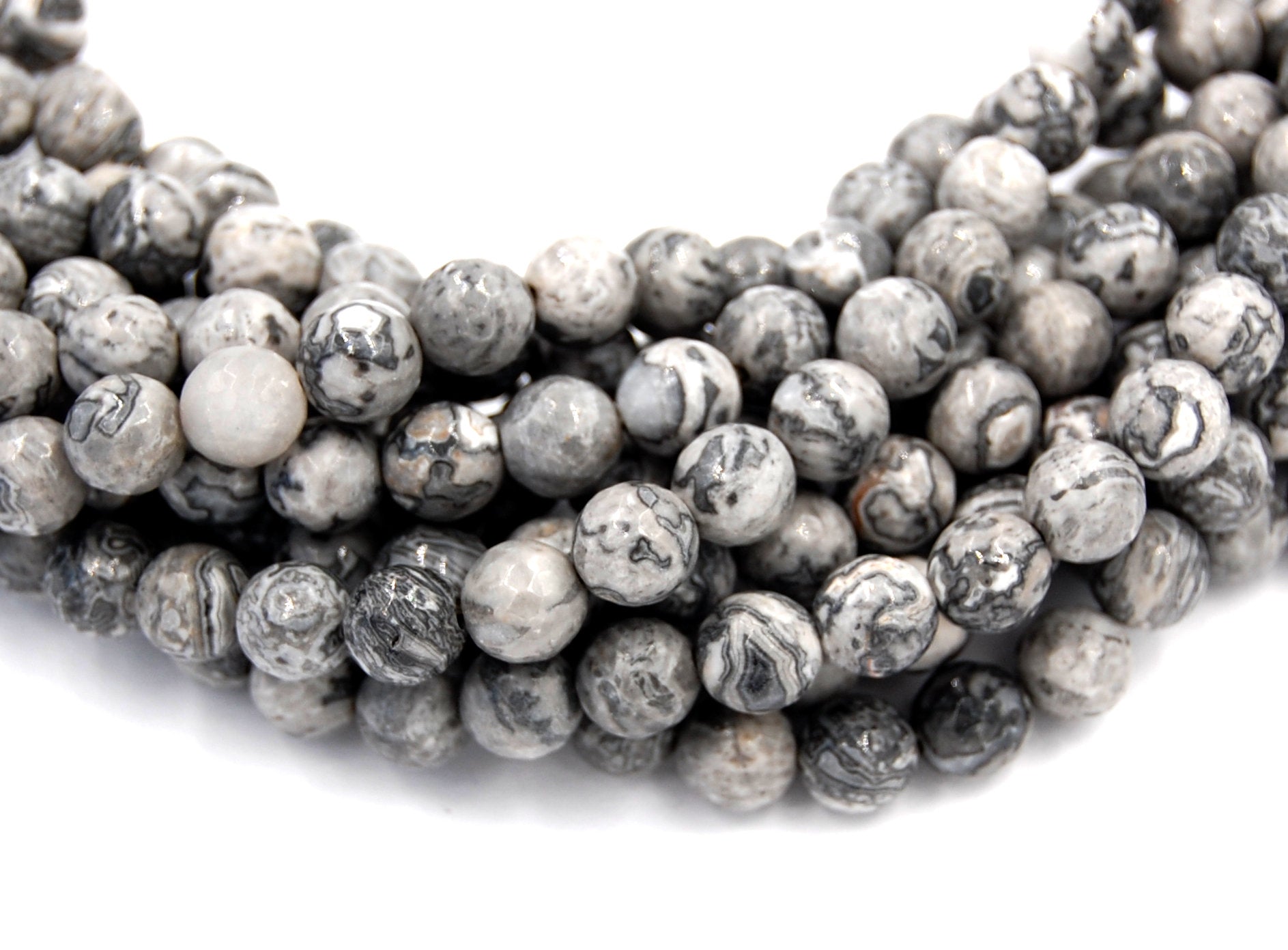 FACETED Picasso Stone, Gray 8mm round -15 inch strand