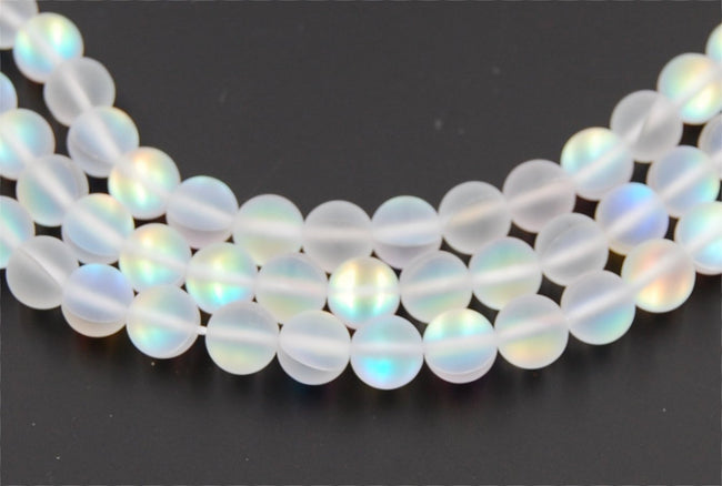Synthetic Glass Moonstone Iridescent Beads Strands, Rainbow White Moonstone Round, 6mm -14.5 inch strand Hover Image