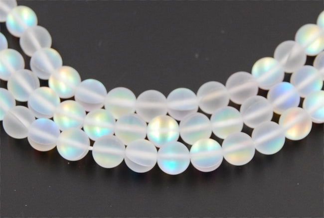 Synthetic Glass Moonstone Iridescent Beads Strands, Rainbow White Moonstone Round, 10mm -14.5 inch strand Hover Image