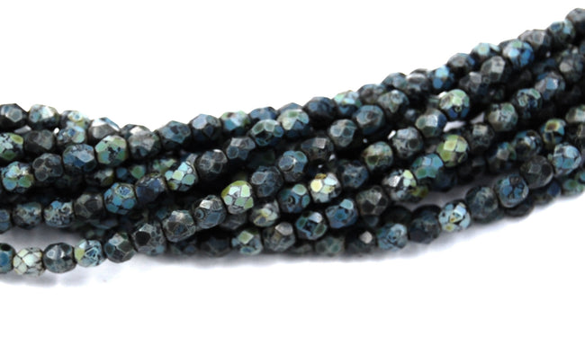 Matte Opaque Jet Picasso Firepolish Czech Glass Faceted Bead 4mm Round - 50 Pc Hover Image