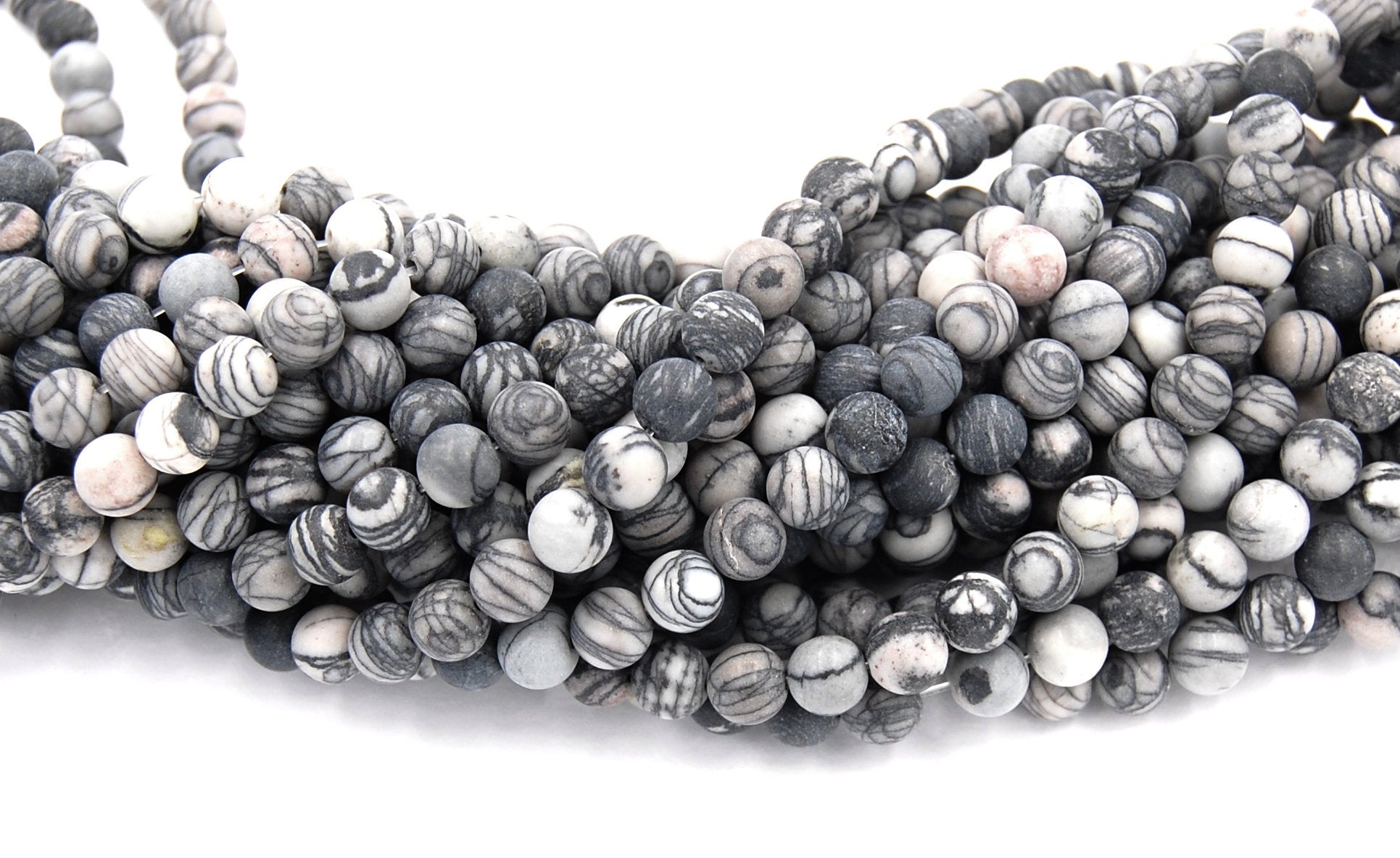 Matte Black Silk Stone 4mm, 6mm, 8mm, 10mm, 12mm in Black and Gray -15.5 inch strand
