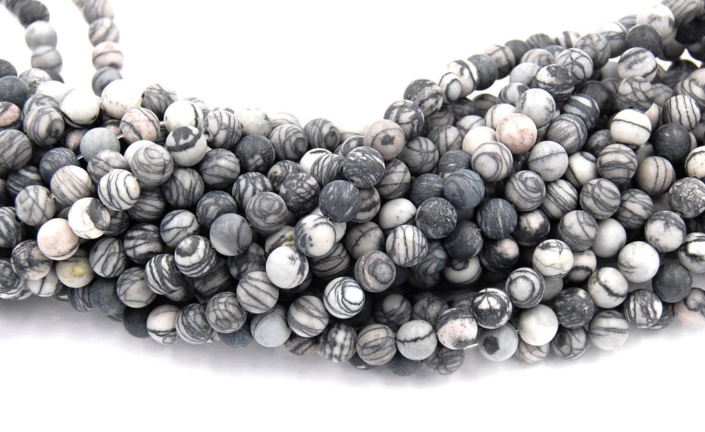 Matte Black Silk Stone 4mm, 6mm, 8mm, 10mm, 12mm in Black and Gray -15.5 inch strand