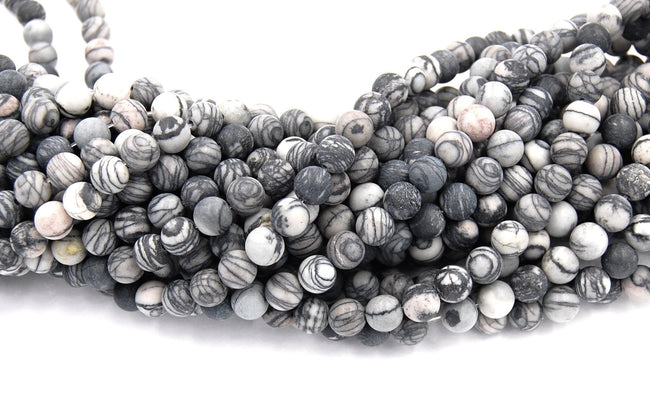 Matte Black Silk Stone 4mm, 6mm, 8mm, 10mm, 12mm in Black and Gray -15.5 inch strand Hover Image