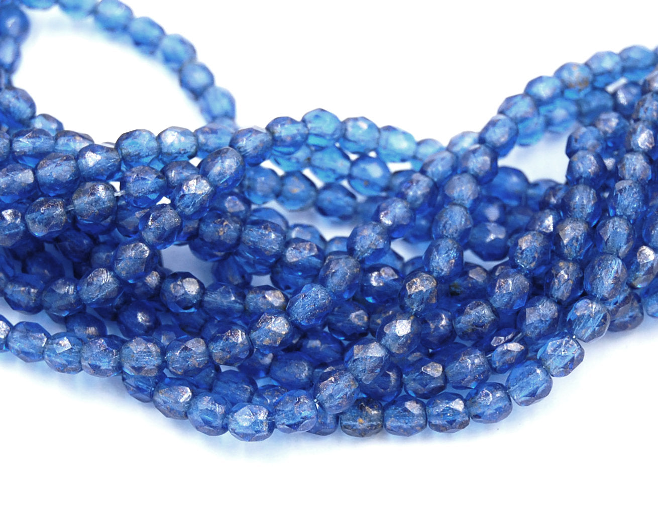 Fire Polished Gold Marbled Sapphire Blue Glass Bead 4mm Round - 50