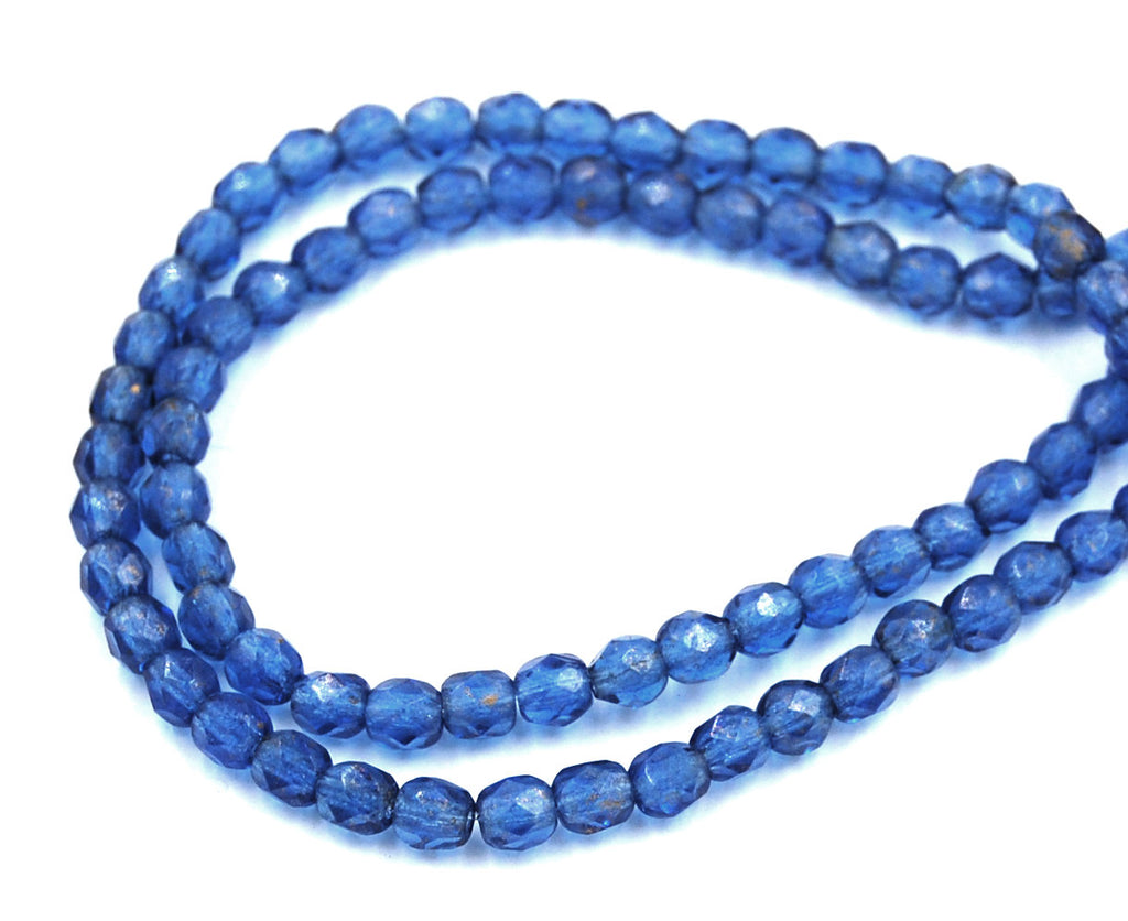 Fire Polished Gold Marbled Sapphire Blue Glass Bead 4mm Round - 50