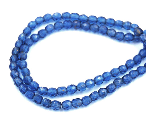 Fire Polished Gold Marbled Sapphire Blue Glass Bead 4mm Round - 50