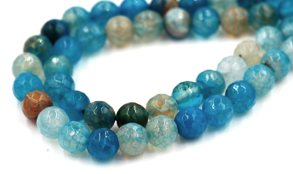 8mm Dragon Veins Agate FACETED Round Beads in Teal Blue -15 inch strand