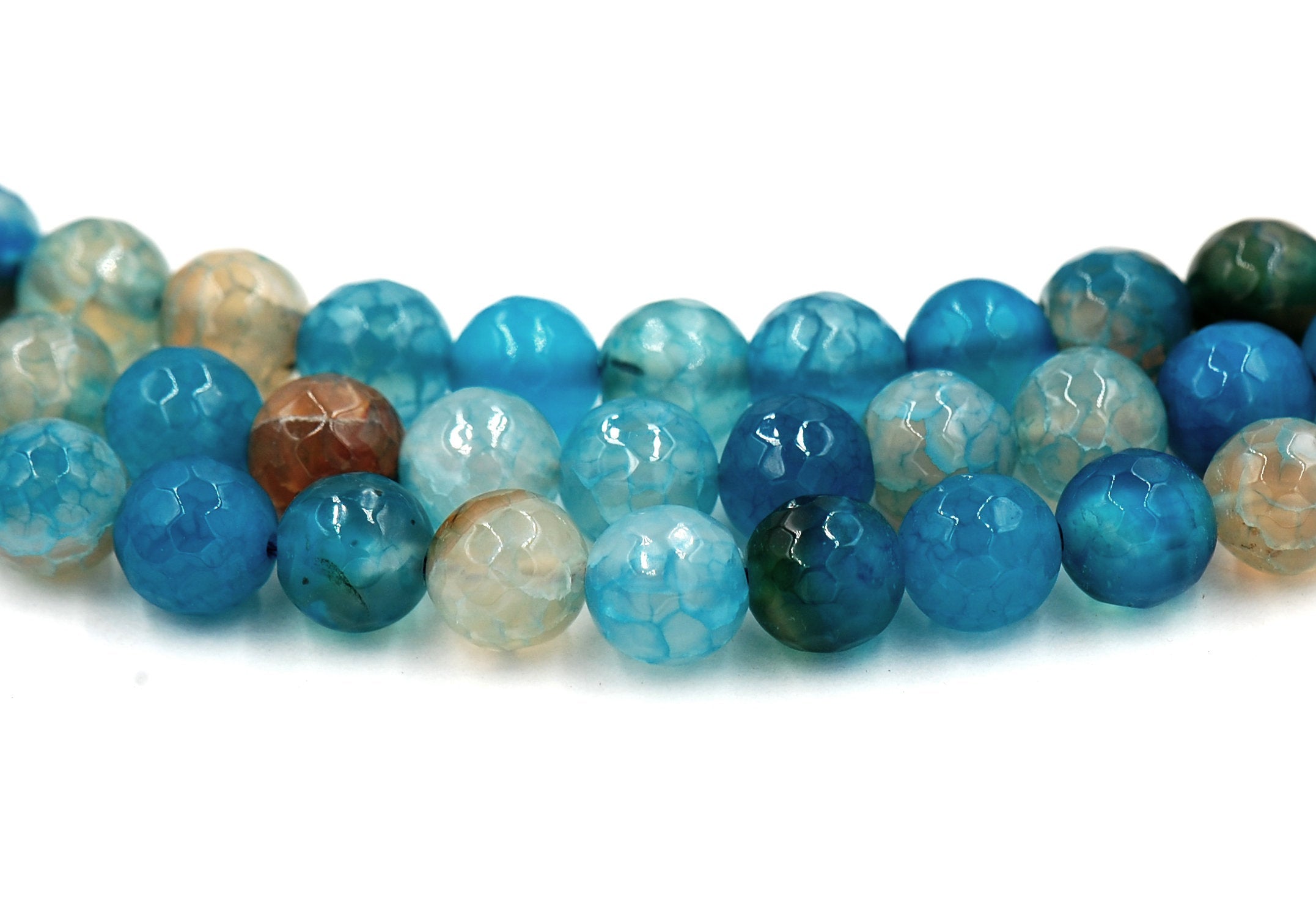 8mm Dragon Veins Agate FACETED Round Beads in Teal Blue -15 inch strand